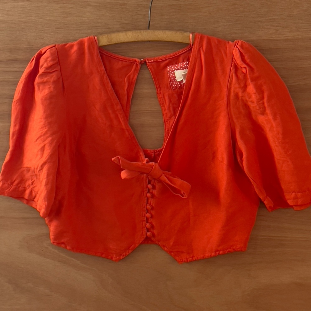 Maeve Anthropologie Crop Top US 10 Linen Viscose Boho Orange Button Up Bow Tie